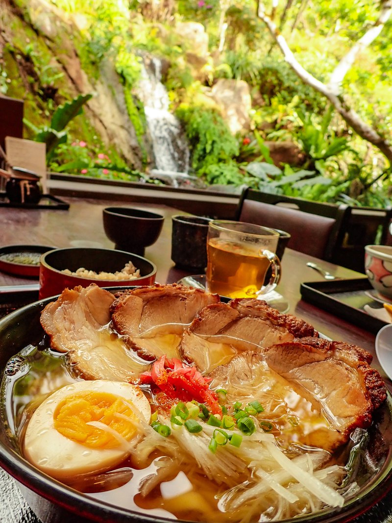 Agu-pork Okinawa soba with waterfall in the background